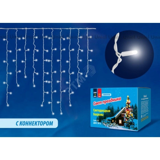 Бахрома светодиодная со статическим свечением 3м Соединяемая 200 светодиодов Белый свет Провод белый ULD-B3010-200/SWK WHITE IP67