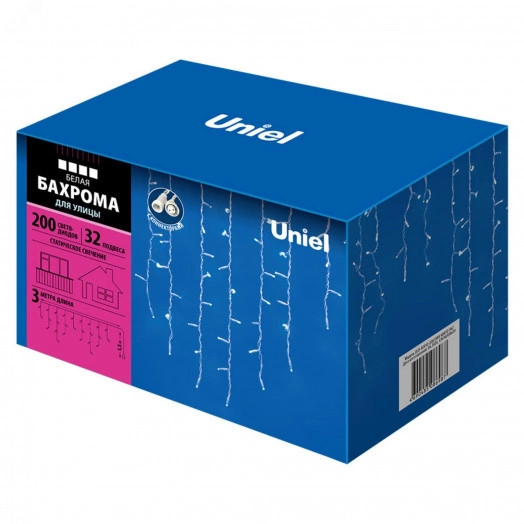 Бахрома светодиодная со статическим свечением 3м Соединяемая 200 светодиодов Белый свет Провод белый ULD-B3010-200/SWK WHITE IP67