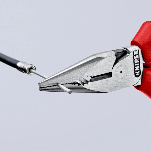 Пассатижи остроконечные с удлиненными губками резка - проволока средней твердости 3мм твердая проволока 2мм кабель 8мм (16мм) L=145мм крепление для страховки черные двухкомпонентные рукоятки