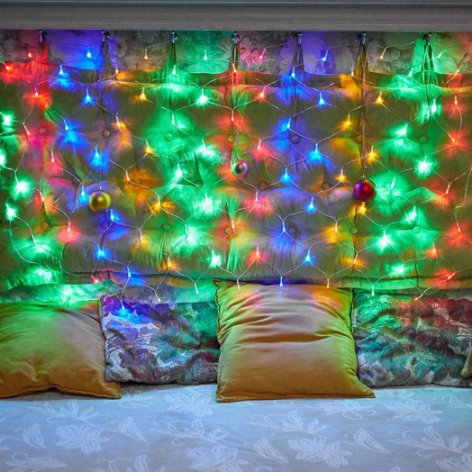 Гирлянда светодиодная "Сеть" 1х1.5м 96LED мультиколор 12Вт 230В IP20 с контроллером 8 режимов провод прозр. ПВХ Neon-Night 215-119-6