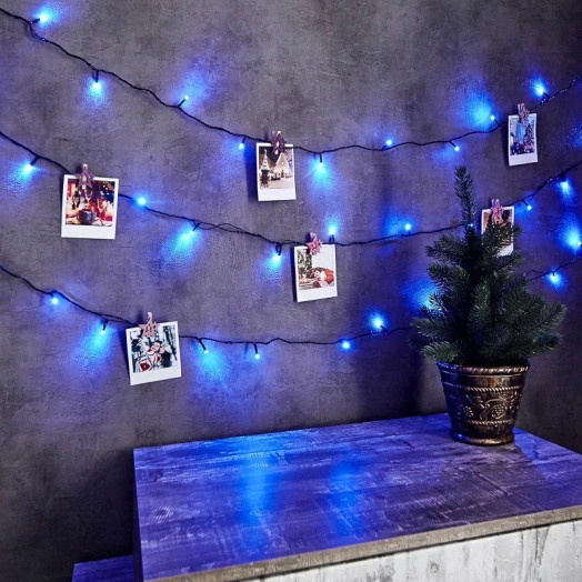 Гирлянда светодиодная "Твинкл Лайт" 6м 40LED син. 4Вт 230В IP20 с контроллером 8 режимов провод темн. зел. ПВХ Neon-Night 303-023