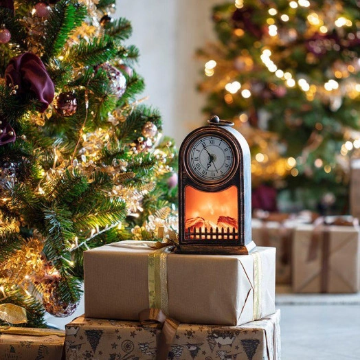 Камин светодиодный "Старинные часы" 14.7х11.7х25см эффект живого огня USB бронз. элементы питания 2хC (не в компл.) Neon-Night 511-021