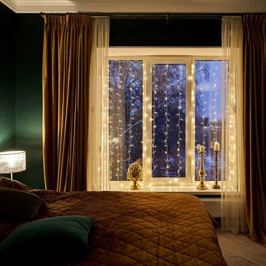 Гирлянда светодиодная "Светодиодный Дождь" 2х2.5м 300LED тепл. бел. 16Вт 230В IP20 свечение с динамикой провод прозр. Neon-Night 235-056