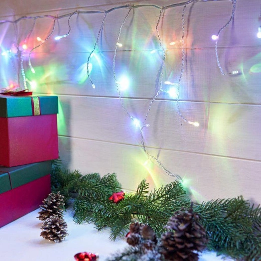 Гирлянда светодиодная "Айсикл" (бахрома) 1.8х0.5м 48LED мультиколор RGB 3Вт 230В IP20 провод прозр. Neon-Night 255-009