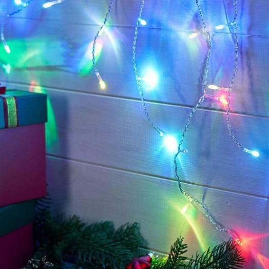 Гирлянда светодиодная "Айсикл" (бахрома) 1.8х0.5м 48LED мультиколор RGB 3Вт 230В IP20 провод прозр. Neon-Night 255-009