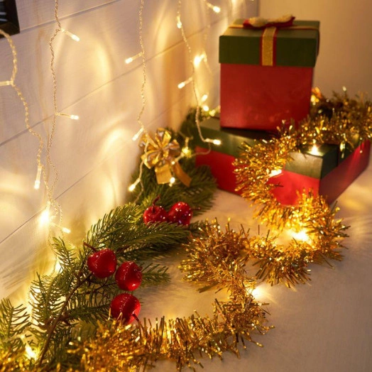 Гирлянда светодиодная "Мишура" 1.5м 10LED зол. тепл. бел. 0.1Вт IP20 провод прозр. ПВХ элементы питания 2хAA (не в компл.) Neon-Night 304-012