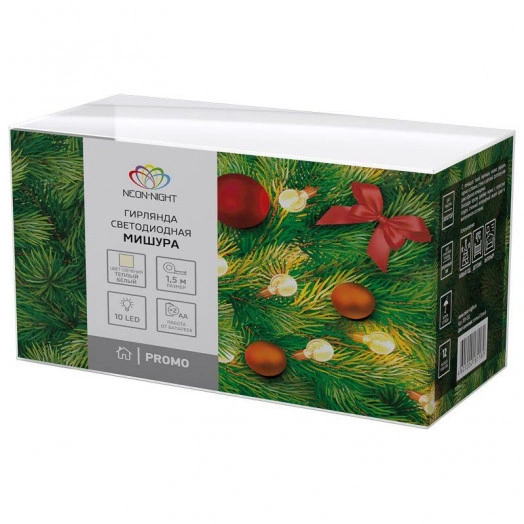 Гирлянда светодиодная "Мишура" 1.5м 10LED зол. тепл. бел. 0.1Вт IP20 провод прозр. ПВХ элементы питания 2хAA (не в компл.) Neon-Night 304-012