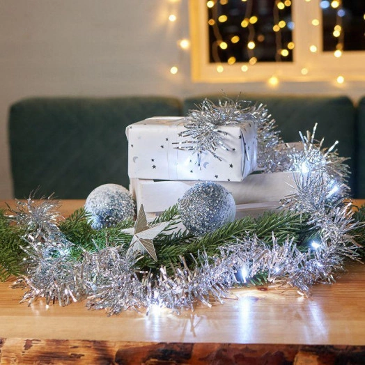 Гирлянда светодиодная "Мишура" 1.5м 10LED серебр. бел. 0.1Вт IP20 провод прозр. ПВХ элементы питания 2хAA (не в компл.) Neon-Night 304-011