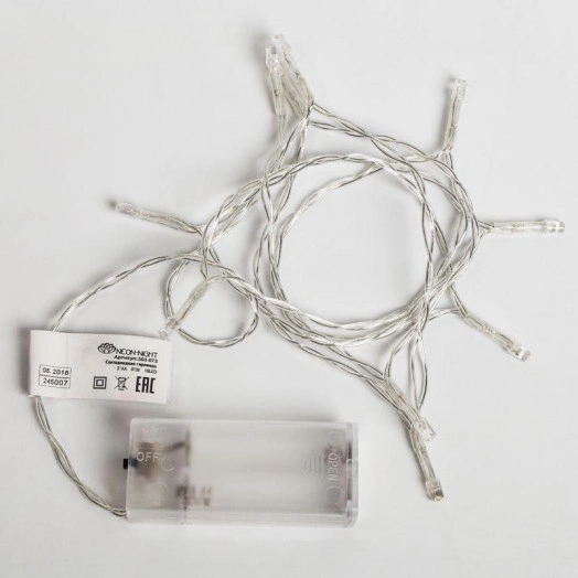 Гирлянда светодиодная универсальная 1.2м 10LED тепл. бел. 0.1Вт IP20 провод прозр. ПВХ элементы питания 2хAA (не в компл.) Neon-Night 303-073