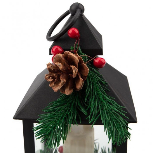 Фонарь декоративный со свечкой и шишкой черн. корпус 10.7x10.7x23.5см тепл. бел. Neon-Night 513-047