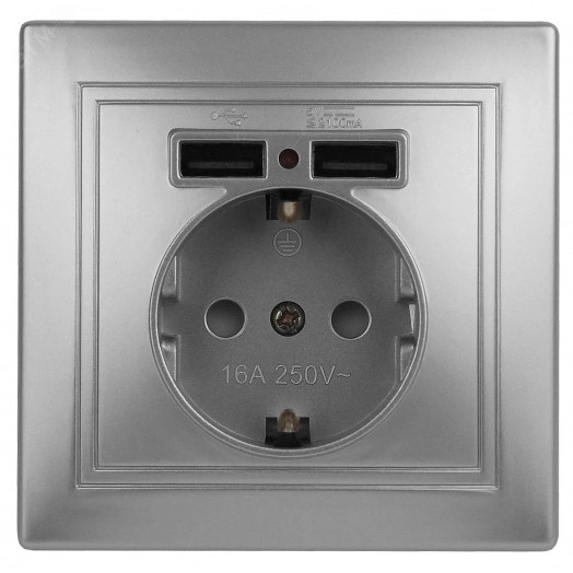 Розетка 2P+E Schuko со шторками с заземлением ,   16А-250В + 2хUSB 5В-2,1А, IP20, СУ, алюминий,     Intro Plano 1-410-03
