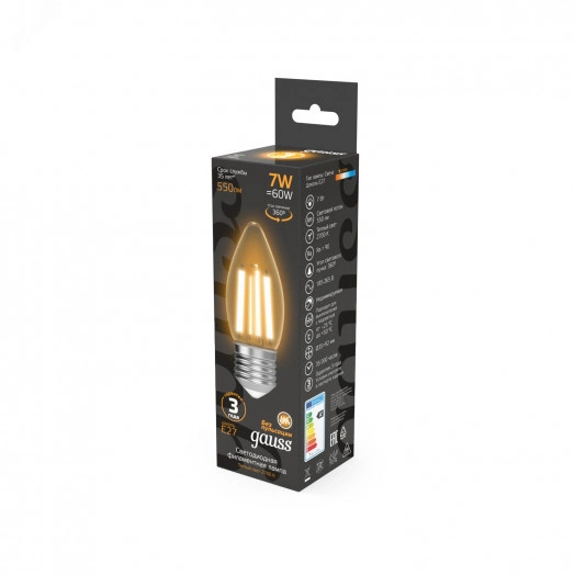 Лампа светодиодная LED 7Вт 550Лм 2700К теплая Е27 Свеча Filament Gauss
