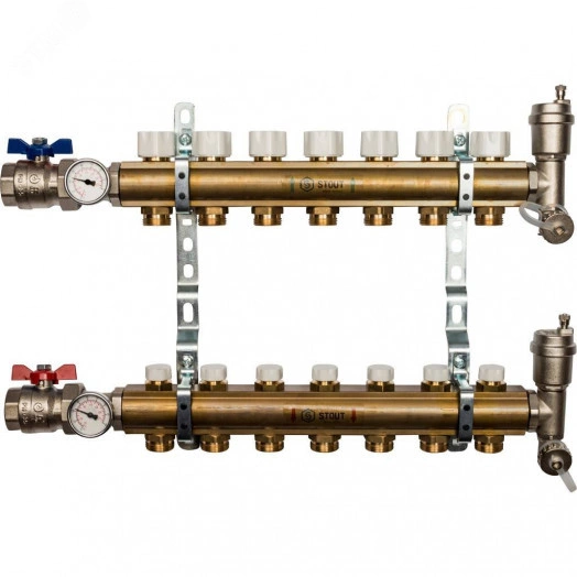 Коллектор распределительный на 7 выходов, без     расходомеров, латунь