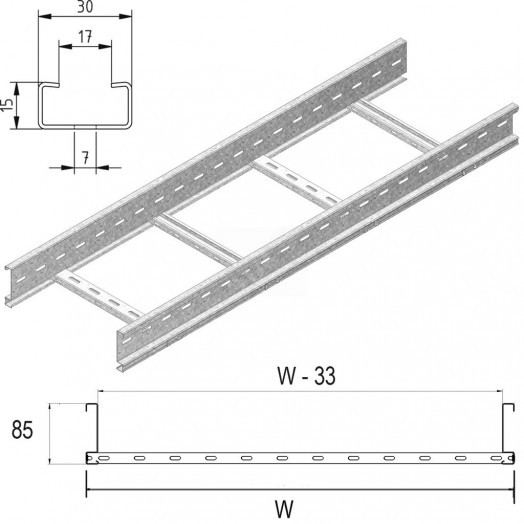 Кабельный лоток лестничного типа серии LIGHT, высота - 85 мм, ширина - 750 мм, длина - 3000 мм, кратность - 3м, SZ - Оцинкованная сталь (методом Sendzimir)
