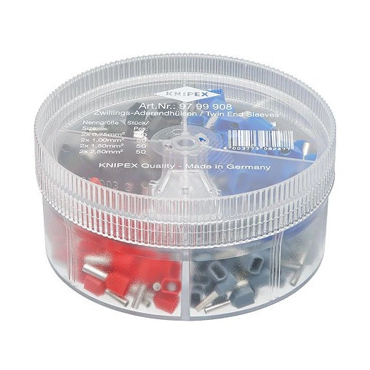 Набор сдвоенных изолированныеованных контактных гильз в коробке 2x075 мм (AWG 2x18) 50 шт 2x10 мм (AWG 2x17) 50 шт 2x15 мм (AWG 2x15) 50 шт 2x25 мм (AWG 2x13) 50 шт KN-9799908