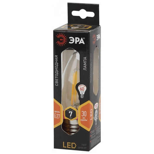 Лампа светодиодная филаментная F-LED B35-7W-827-E27 (филамент, свеча, 7Вт, тепл, E27 (10/100/2800) ЭРА