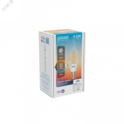 Лампа светодиодная умная LED 4.5 Вт 495 Лм 2000-6500К E14 свеча на ветру изм.цвет.темп.+дим. управление по Wi-Fi Smart Home Filament Gauss
