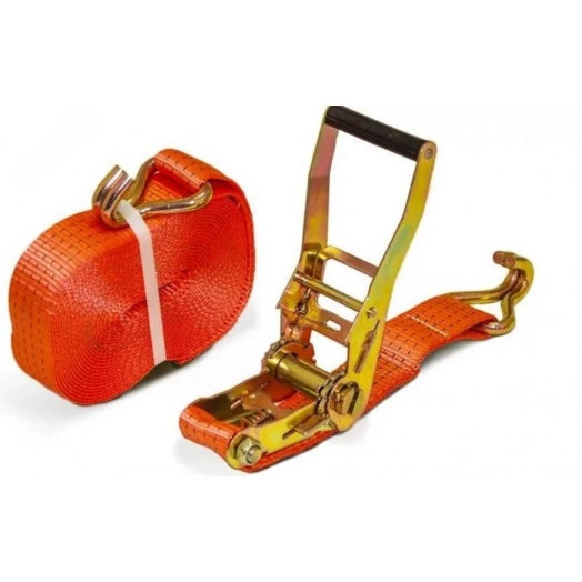 Ремень шириной 50мм, с храповиком и крюками, состоящий из 2-х частей, длиной 9,5м и 0,5м для закрепления груза при перемещении до 10т методом в обхват и до 5т методом внатяг.