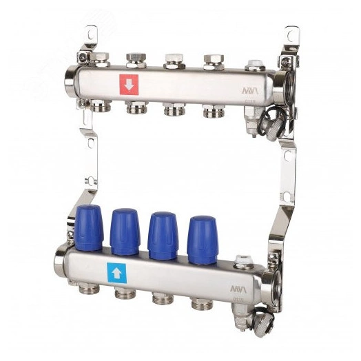 Коллекторная группа с ручными регулировочными клапанами 1' х 4 выхода 3/4' НР евроконус с дренажным краном и воздухоотводчиком