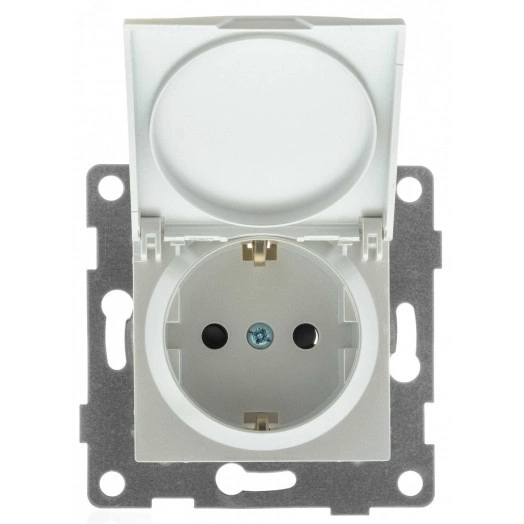 Ugra Розетка одинарная, с боковым заземляющим контактом, с защитой от проникновения и крышкой, скрытая установка, 16А, 250В.  жемчуг