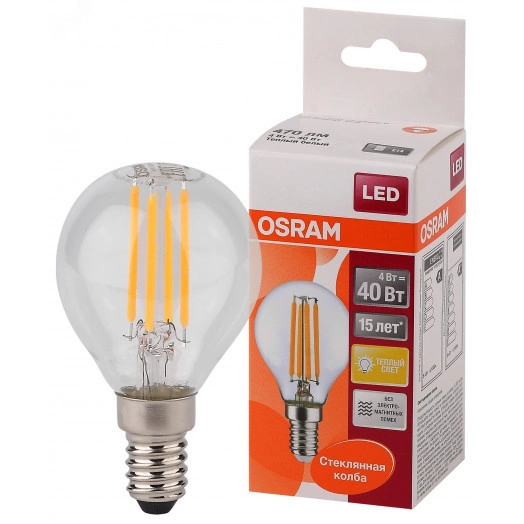 Лампа светодиодная LED 4Вт Е14 STAR ClassicP (замена 40Вт),теплый, прозр. Филаментная Osram