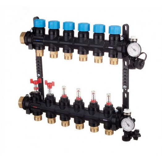 Коллекторная группа с расходомером 1' х 6 выходов 3/4' НР евроконус, с термометром