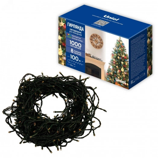 Гирлянда ULD-S10000-1000/DGA MULTI IP20  светодиодная, 100м. 1000 светодиодов. Разноцветный свет. Провод зеленый. ТМ Uniel