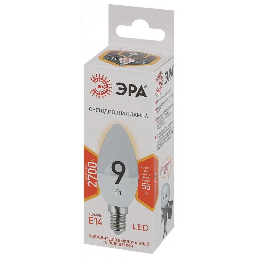 Лампа светодиодная LED B35-9W-827-E14  (диод, свеча, 9Вт, тепл, E14) (10/100/4000) ЭРА