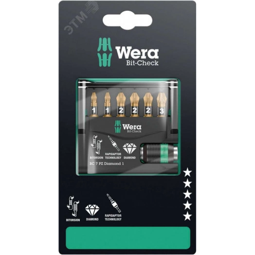 Набор бит с битодержателем Bit-Check 7 PZ Diamond 1 SB алмазное покрытие 7 предметов с держателем-еврослот