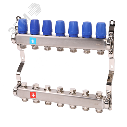 Коллекторная группа с ручными регулировочными клапанами 1' х 7 выходов 3/4' НР евроконус