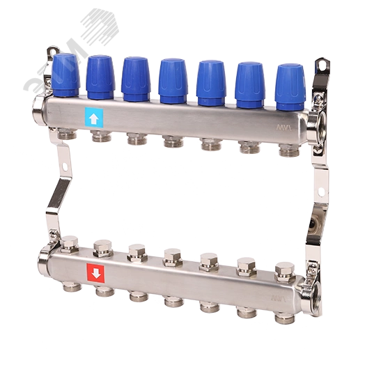 Коллекторная группа с ручными регулировочными клапанами 1' х 7 выходов 3/4' НР евроконус