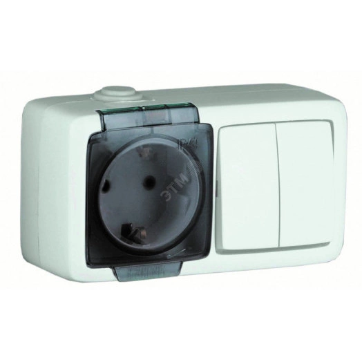 Alfa Блок с пылевлагозащитой, розетка одноместная, с заземляющими контактами, выключатель двухклавишный, белый