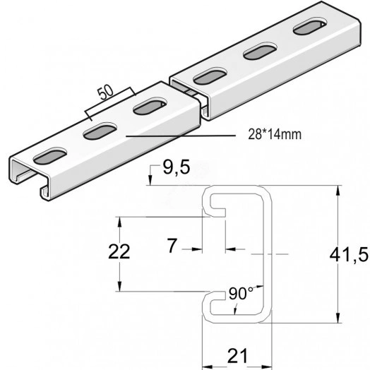 Монтажный профиль, высота - 21 мм, ширина - 41 мм, длина - 1500 мм, толщина - 1,5 мм, кратность - 1шт, SZ - Оцинкованная сталь (методом Sendzimir)