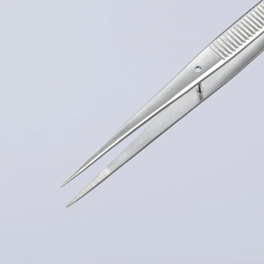 Пинцет захватный прецизионный с направляющим штифтом тонкие зазубренные губки L-155 мм хромоникелевая сталь антимагнитный кислотостойкий KN-922235