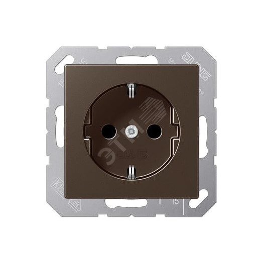 Штепсельная розетка SCHUKO одинарная, с заземлением, с шторками, 16A, 250В  (механизм + накладка, без рамки). Серия A500  Материал- дуропласт  Цвет- мокко
