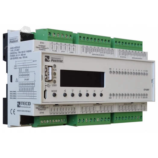 Центральный контроллер CP-2007 CP-2007, CPU/1core, 2xETH100/10, 128kB databox, LCD-20mm, CH1-4, 12xAI/DI, 2xAI/AO, 1xDI/230VAC, 11x RO, 2x AO/PWM, 1xCIB