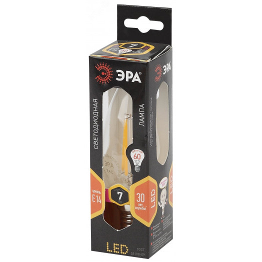 Лампа светодиодная филаментная F-LED B35-7W-827-E14 (филамент, свеча, 7Вт, тепл, E14 (10/100/2800) ЭРА