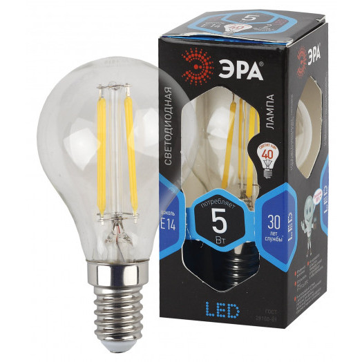 Лампа светодиодная филаментная F-LED P45-5W-840-E14 (филамент, шар, 5Вт, нейтр, E14 (25/50/3000) ЭРА