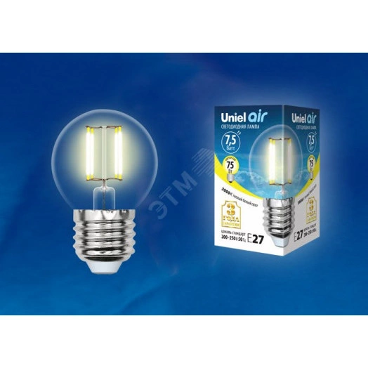 LED-G45-7,5W/WW/E27/CL GLA01TR Лампа светодиодная. Форма ''шар'', прозрачная. Серия Air. Теплый белый свет (3000K). Картон. ТМ Uniel