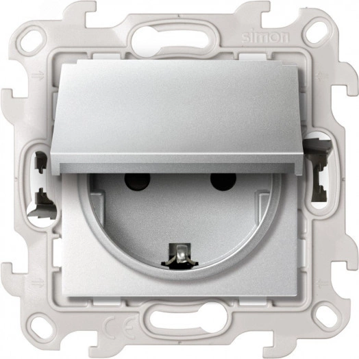 Розетка IP44 с крышкой, заземлением и шторками Schuko 2Р+Е 16A 250В~ с системой Push&Go цвета алюминий S24 Harmonie