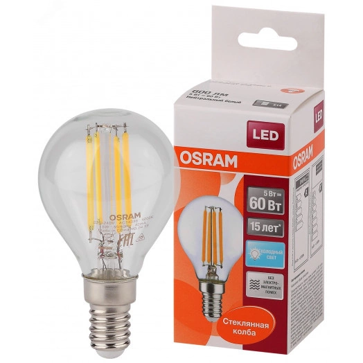 Лампа светодиодная LED 5Вт E14 CLP60 белый, Filament прозр.шар OSRAM