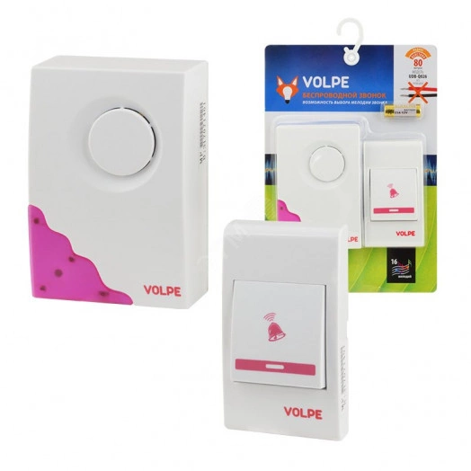 UDB-Q026 W-R1T1-16S-80M-WH Звонок беспроводной. 16 мелодий. Световая индикация. Радиус действия 80 метров. Блистерная упаковка. Белый. ТМ Volpe