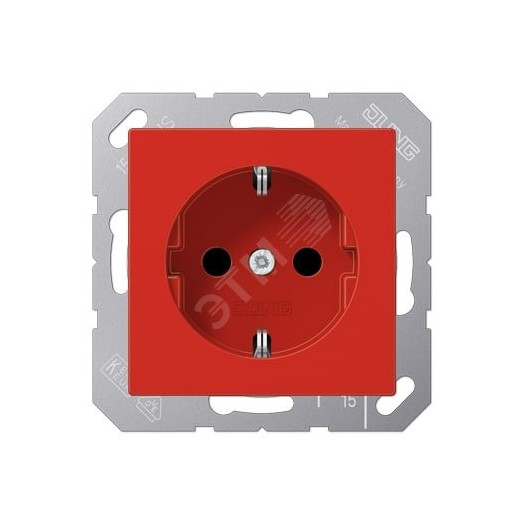 Штепсельная розетка SCHUKO одинарная, с заземлением, с шторками, 16A, 250В  (механизм + накладка, без рамки). Серия A500  Материал- термопласт  Цвет- красный