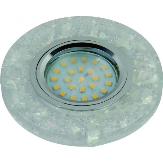 DLS-L103 GU5.3 CHROME/CLEAR Светильник декоративный встраиваемый, серия Luciole. Без лампы, GU5.3. Доп. светодиодная подсветка 3Вт. Металл/полимер. Хром/прозрачный+мерцающие частицы. ТМ Fametto