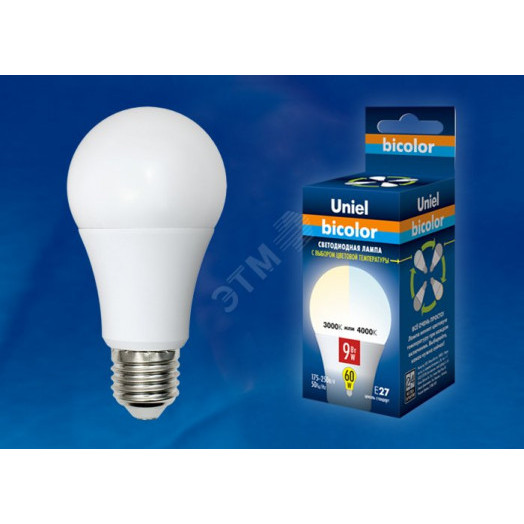 Лампа светодиодная с выбором цветовой температуры LED 9вт 175-250В форма А 720 Лм Е27 3000К-4000К Uniel Bicolor