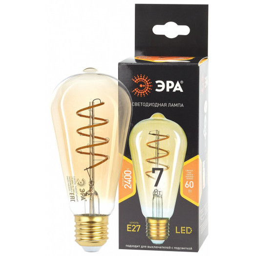 Лампа светодиодная филаментная F-LED ST64-7W-824-E27 spiral gold (филамент, спир зол, 7Вт, тепл, E27) (20/960) ЭРА
