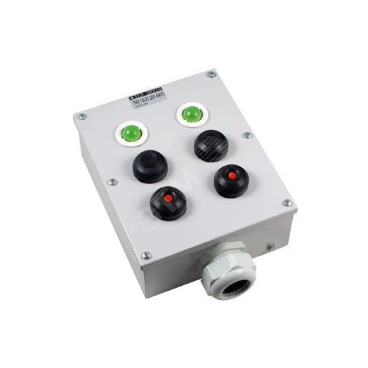 Пост управления ПКУ-15-21.141-54У2 (1xКЕ081/2(1з+1р) черная + 1xКЕ081/2(1з+1р) красная + 1xПЕ081/1(2з) переключатель на 3 положения + 1xКЕ141/2(2з) красная, гриб с фиксацией + PG-21)