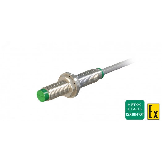Датчик индуктивный взрывобезопасный ДВИ-М08-48У-2130-Х.2 Расстояние срабатывания Sn: 2,5 мм Частота переключения: 1500 Гц Материал корпуса: Нержавеющая сталь Диаметром 8 мм IP67 Кабель 2 м (ПВС ХЛ 2х0,35 мм2)