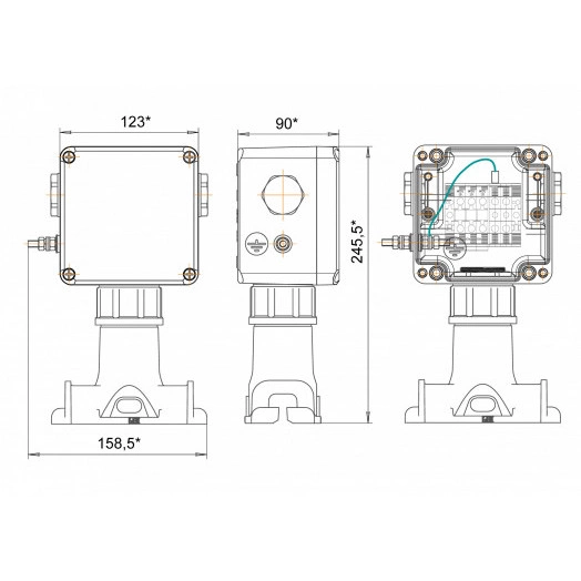 Коробка клеммная взрывозащищенная проходная КВП с пластиковой опорой. Для подключения от 1 до 3-х плоских греющих кабелей или от 1 до 2-х сигнальных кабелей ?3-6 мм, 2 отверстия под М25, клеммная колодка 5 модулей 10 мм2 123*245*90