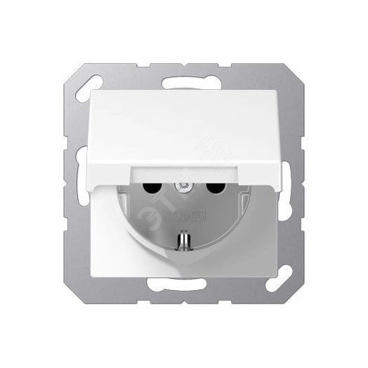 Штепсельная розетка SCHUKO одинарная, с заземлением, с крышкой, без шторок, 16A, 250В  (механизм + накладка, без рамки). Серия A500  Материал- термопласт  Цвет- белый